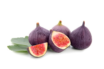 Fresh ripe figs and leaf on white background
