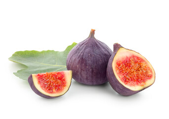 Fresh ripe figs and leaf on white background