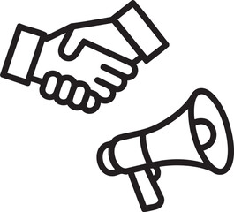 Black outline handshake and megaphone icons on white background agreement deal