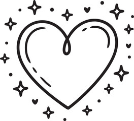 Black outline heart shape with sparkling stars and dots on white background love romance