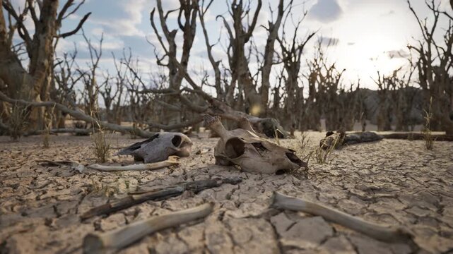 Wide angle time lapse of a desolate red wasteland with dead trees at sunset. Global warming and drought concept. 3D animation. 4K.