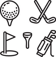 Black outline icons of golf equipment including ball tee flag and clubs hole