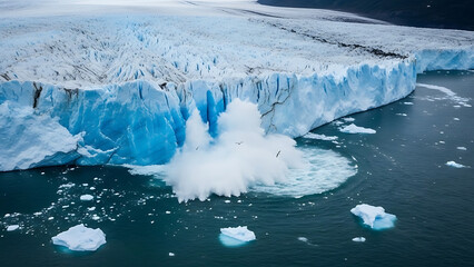 Glacier Calving into Ocean Large Iceberg Breakoff Aerial Shot
