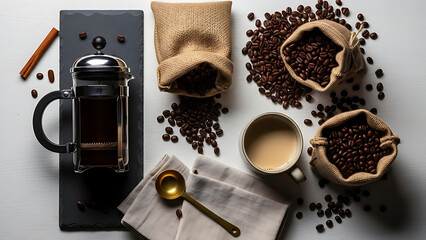 Coffee Lover Flat Lay with Beans and French Press