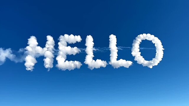 Hello word written in clouds in a clear blue sky.