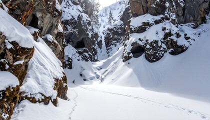 Snowy canyon with caves carved into the rock. Serene, cold winter scene