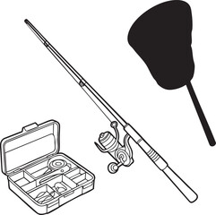 Fishing rod reel tackle box and net on white background vector