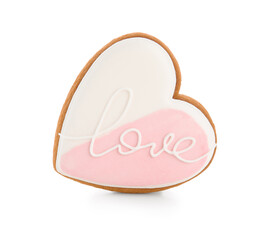 Sweet heart-shaped cookie on white background. Valentine's Day celebration