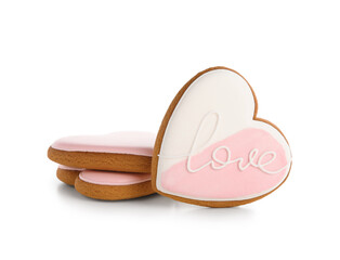 Sweet heart-shaped cookies on white background. Valentine's Day celebration