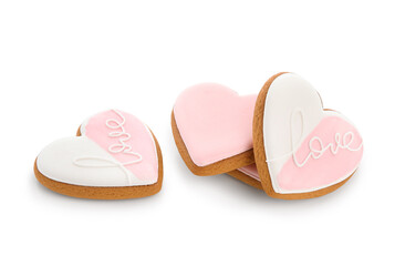 Sweet heart-shaped cookies on white background. Valentine's Day celebration