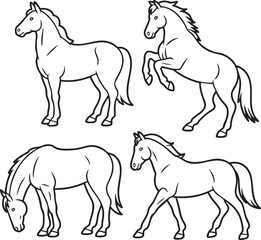 Four black and white line art horses in various poses standing grazing rearing and walking equine