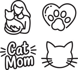 Four black and white line art icons of cats and cat related themes feline animal