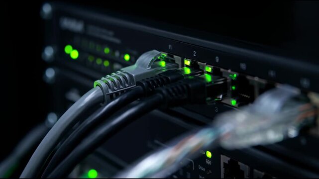 A network cable with green illumination is plugged into a switch port, surrounded by other cables and blinking status LEDs