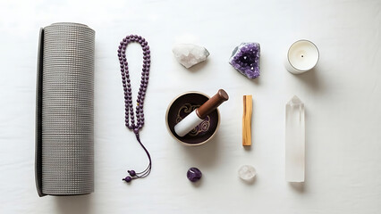 Yoga and Meditation Flat Lay with Mat and Crystals