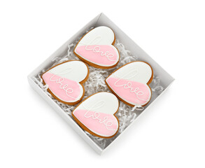 Gift box with sweet heart-shaped cookies on white background. Valentine's Day celebration