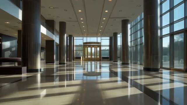 Gleaming, Empty Modern Hotel Lobby with Polished Floors and Sunlight