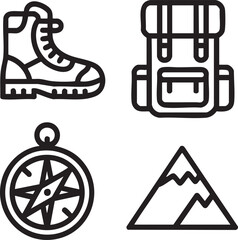 Hiking boot backpack compass and mountain icons in black outline on white background vector