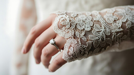 Diamond Engagement Ring on Hand with Bridal Lace Sleeve Romantic Detail