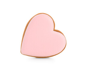 Pink heart-shaped cookie on white background. Valentine's Day celebration