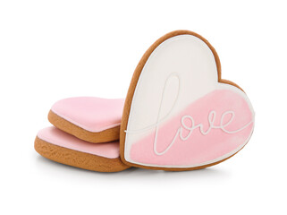 Sweet heart-shaped cookies on white background. Valentine's Day celebration