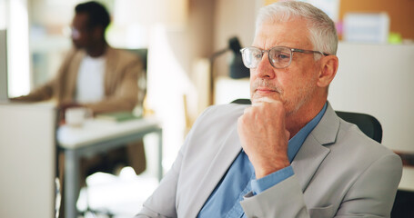 Obraz premium Thinking, ceo and man in office, serious and plan for investment opportunity, ambition and corporate. Investor, vision and mature person with glasses, reflection and ideas for business development