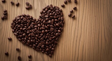 Heart shape formed from roasted coffee beans on a rustic wooden surface with scattered beans