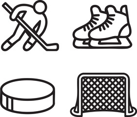 Hockey player skates puck and net simple line art icons sport