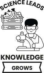 A man in a lab coat is holding a microscope and looking at a banana