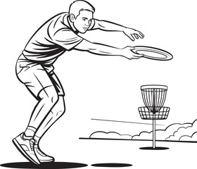 Man throwing disc golf disc towards basket in outdoor park sport
