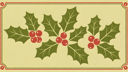 Illustration of three holly sprigs with green leaves and red berries, framed with a decorative border on a light yellow background.