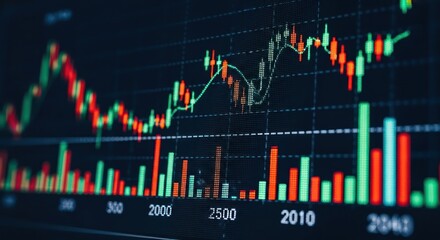 Financial market analysis displayed on a screen with dynamic graph and candlestick patterns,
