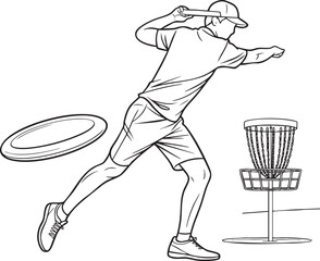 Man throwing disc golf disc towards basket line art sport