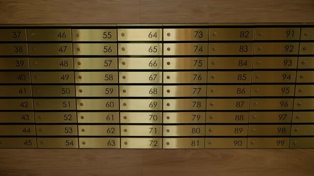 Elegant brass mailboxes with sequential numbered slots set into a wood-framed lobby wall, highlighting modern residential design, secure storage, and architectural details