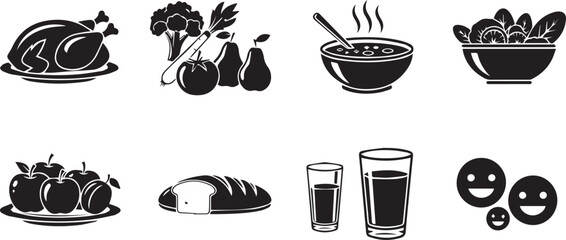 Assortment of Eight Black and White Food and Drink Icons