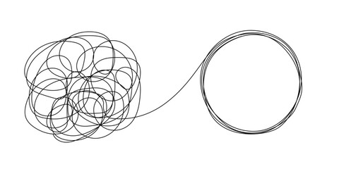 Chaotic tangled line transforms into circle knot illustration. concept showing problem-solving path from mess to order eps 10