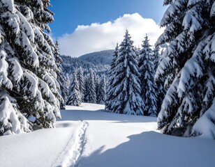 Obraz premium Snowy forest scene with fir trees and a trail path