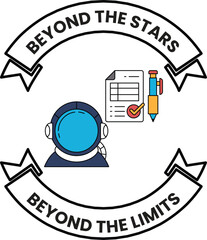 A logo for Beyond the Stars that shows a man in a space suit and a pen