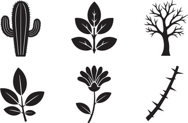 Black Silhouette Icons of Desert and Garden Plants