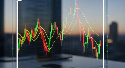 Financial market analysis displayed on glass with city background at twilight