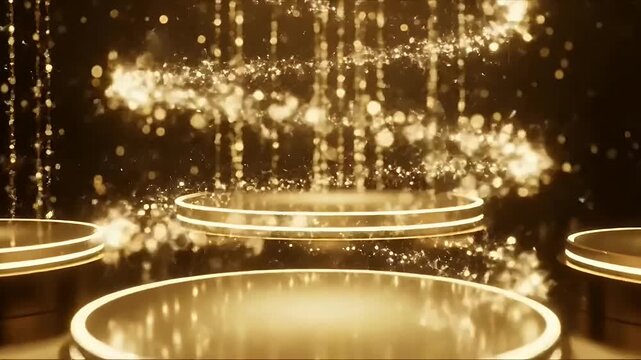 Golden podiums with falling sparkles on an elegant shimmering awards stage background