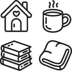 Simple line art icons of a house with heart a steaming mug stacked books and a folded blanket home