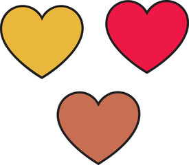 Three simple vector hearts in yellow red and brown with black outlines symbol love
