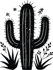 Vintage Rustic Cactus Illustration with Wildflowers &ndash; Hand-Made Desert Botanical Art