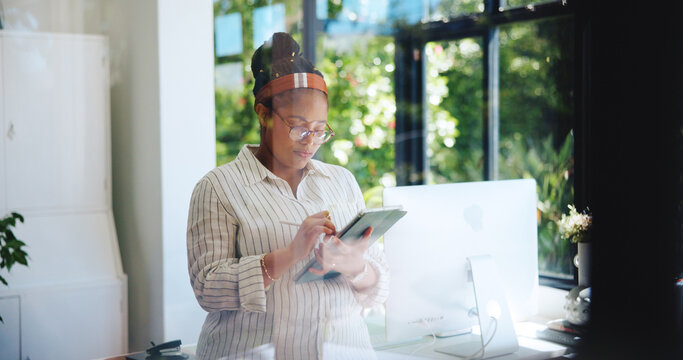 Remote work, tablet and stylus with black woman in home office for web designer, research and planning. Blog developer, freelancer and homepage portfolio with person in apartment for online project