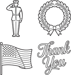United States soldier saluting laurel wreath American flag and thank you text military salute