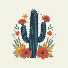 Vintage Desert Cactus Illustration with Colorful Flowers &ndash; Retro Botanical Artwork