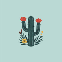 Vintage Desert Cactus Illustration with Colorful Flowers &ndash; Retro Botanical Artwork