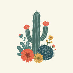 Vintage Desert Cactus Illustration with Colorful Flowers &ndash; Retro Botanical Artwork
