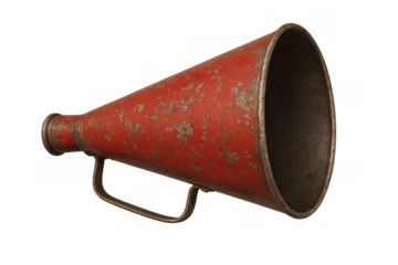 Vintage red bullhorn amplifying messages, speaking out, making announcements, and communicating ideas with urgency