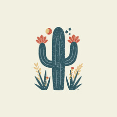 Vintage Desert Cactus Illustration with Colorful Flowers &ndash; Retro Botanical Artwork